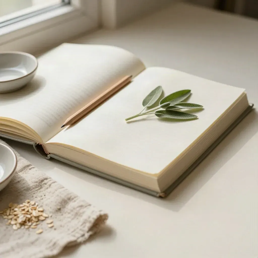 Open mood journal with tabs, pencil, dish and sage sprig on linen in soft window light