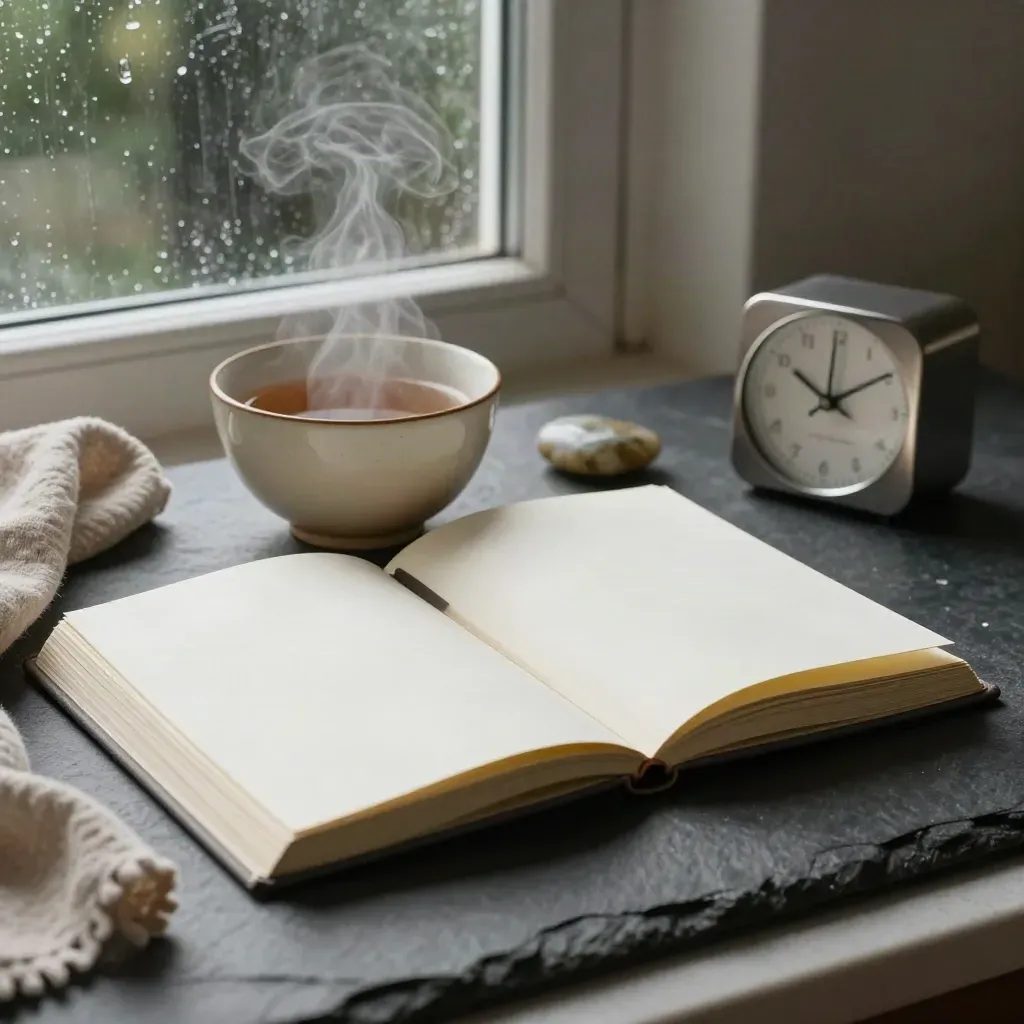Steaming tea bowl and open journal beside a worry stone on a rain-streaked slate table