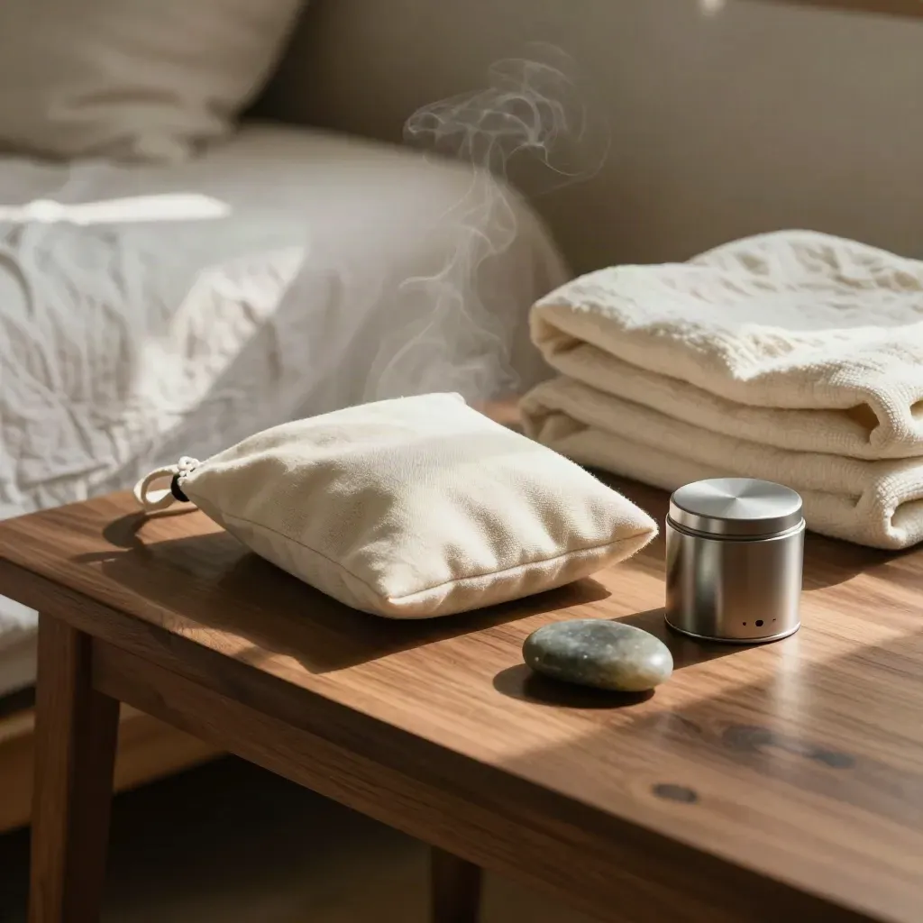 Bedside reset kit with pouch, timer, tea tin, worry stone and folded blanket in warm afternoon light.