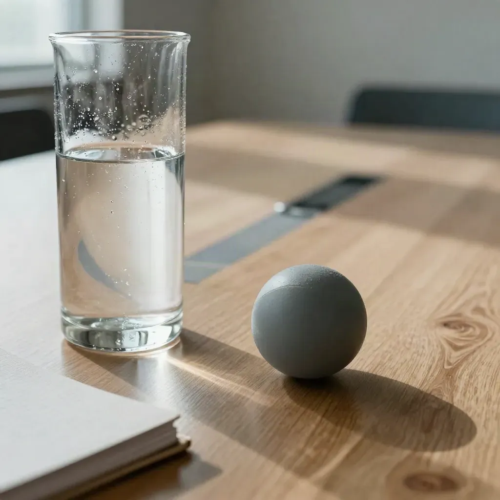 Macro of a workshop table with water glasses, carafe, stress ball and closed notebook after a team reset.