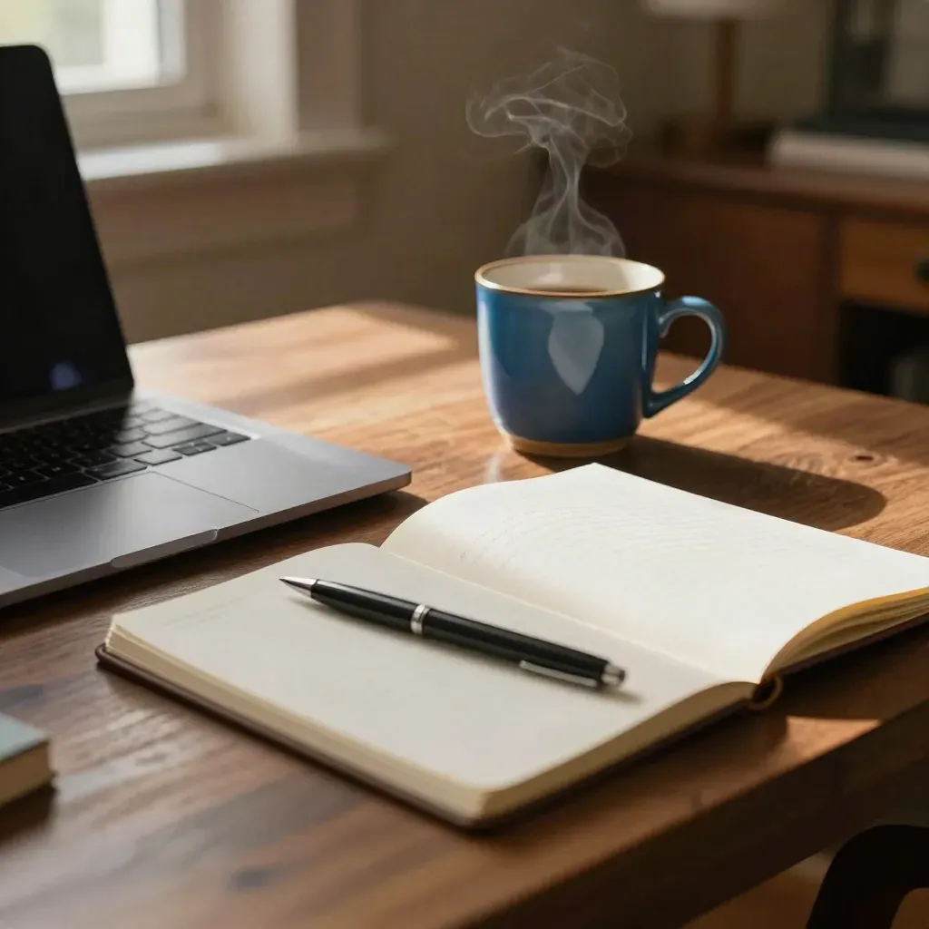 Closed laptop, pen, notebook, mug, and face-down draft page on a warm desk by evening light.