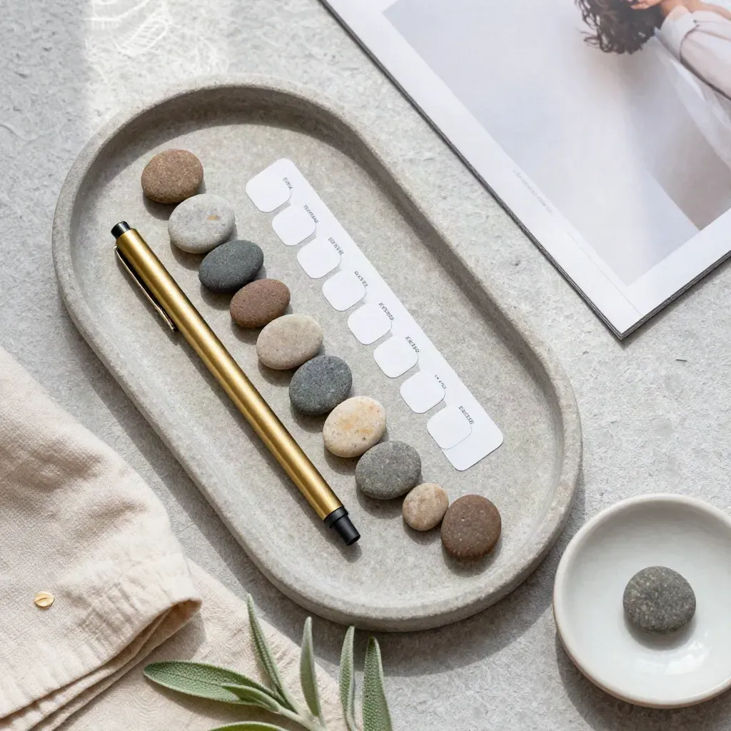 Mood-tracking tray with pebbles, brass marker, linen cloth, plant, and ceramic dish.