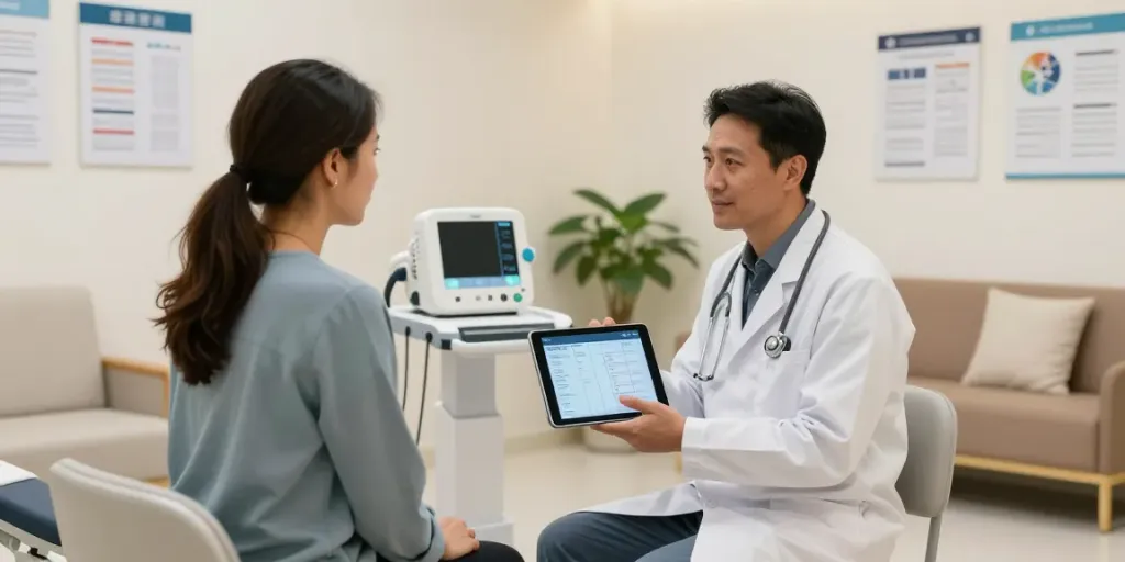 Heart failure clinic Abu Dhabi with patient discussing health plans with doctor in a modern, inviting setting.
